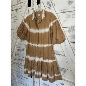 WKND Frock It Shirt Dress in Hand-dip Tie Dye Tan Beige White Puff Flare NWT
